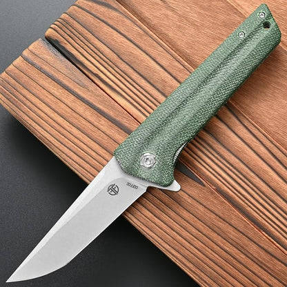 FF4 Folding Knife, AUS-10 Steel Blade Micarta Handle Knife for Outdoor Camping Hunting Fishing Survival(Green)