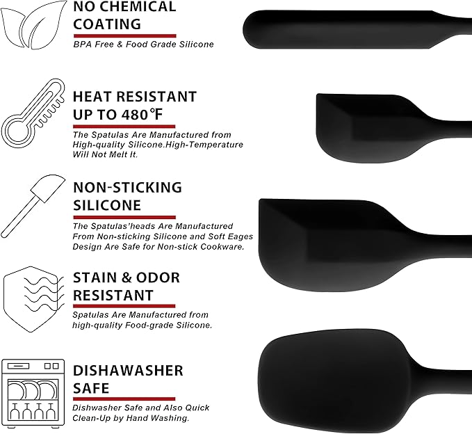 Anaeat 4 Piece Silicone Spatula Set - Seamless One-Pieces Design - Non Stick Rubber Spatulas Kitchen Scraper for Baking, Cooking, Scraping & Mixing, Heat Resistant & BPA Free & Dishwasher Safe (Black)