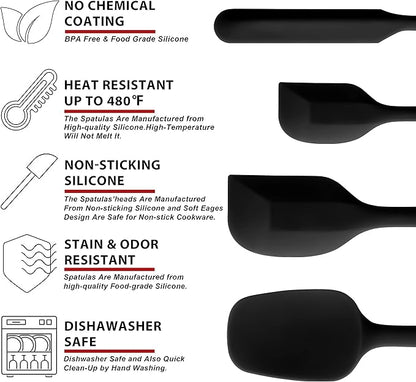 Anaeat 4 Piece Silicone Spatula Set - Seamless One-Pieces Design - Non Stick Rubber Spatulas Kitchen Scraper for Baking, Cooking, Scraping & Mixing, Heat Resistant & BPA Free & Dishwasher Safe (Black)