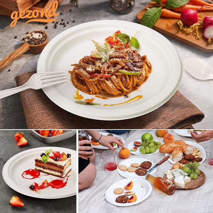 Gezond Compostable Paper Plates 250pcs Disposable Plates Heavy-Duty Paper Plates Biodegradable White Plates for Party Sugarcane Plates Cornstarch Forks Knives Spoons for 50 Guests