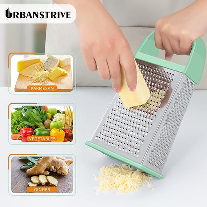 Urbanstrive Cheese Grater With Container, Professional Cheese Grater with Handle, Stainless Steel Graters for Kitchen Handheld, Box Grater with 4 Sides for Vegetables, Ginger, Potatoes (Mint Green)