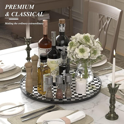 18" Black and White Kitchen Lazy Susan Turntable, Round Checkered Decorative