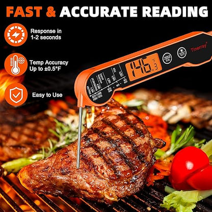 Digital Meat Thermometer Instant Read - Ultra Fast 1s Reading, Waterproof with Backlight & Motion Sensor for BBQ, Grilling, Smoker, Candy, Oil (Orange)