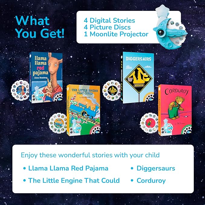 Moonlite Storytime Mini Projector with 4 Classic Stories, A Magical Way to Read, Digital Storybooks, Corduroy, Llama Llama, Diggersaurs, and The Little Engine That Could