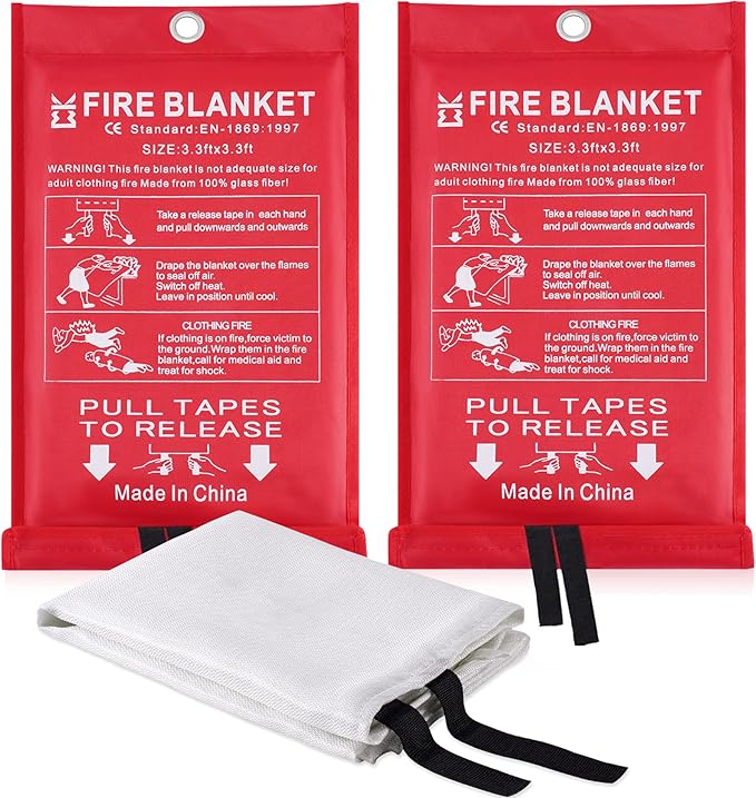 Fire Blanket for Home Emergency Survival ??Fiberglass Suspend Fire Flames Suspension Blankets for Home and Kitchen School Grill Garage House Warehouse Safety (2pcs-FireBlankets)