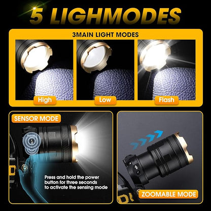 1,000,000 LM Rechargeable Headlamp, 90° Adjustable Head Lights for Forehead, Headlamps for Adults Rechargeable, IP68 Waterproof Head Lamp for Hunters for Outdoor Camping, Hunting, Running