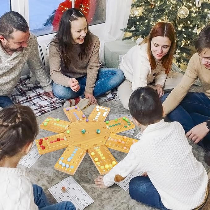 Marble Board Game,Wooden Board Game for 6-8 Players,Portable Design Marble Game with 32 Marbles 16 Dice, Family Game Night Gift for Kids & Adults