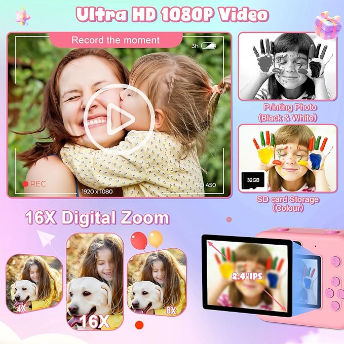 Kids Camera Instant Print - 1080P HD Video Digital Camera for Toddler with Printing Photo Paper, Portable Toy for 4 5 6 7 8 9 10 Years Old, Christmas Birthday Gifts for Boys Girls (Pink)