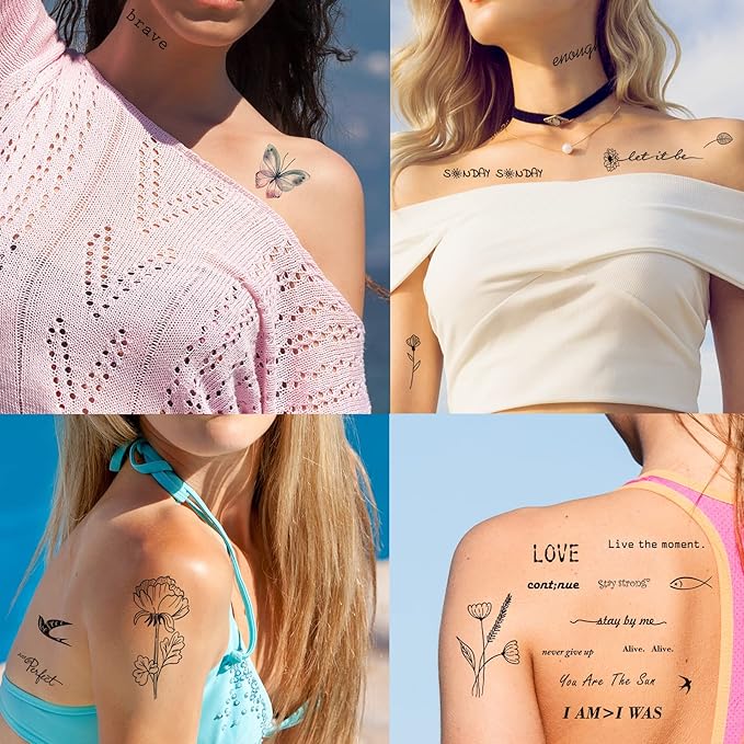 100 Sheets Realistic Temporary Tattoos, 240+ Pcs Multicolor Modern Floral & Inspirational Words Tattoos, Waterproof, 3+ Kids