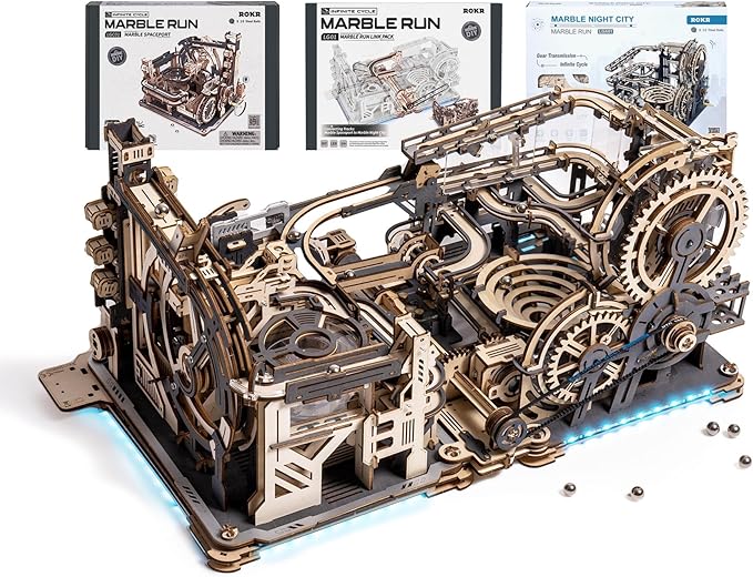 ROKR 3 in 1 Electric Wooden Marble Run, 3D Puzzles for Adults, Wood Model Building Toy Kits, Ideal Gift for Boys and Men