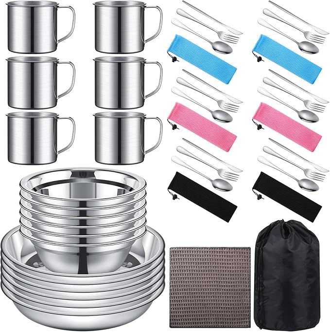 Lallisa Outdoor Camping Cookware Mess Kit Polished Stainless Steel Dishes Camping Utensils Portable Tableware with Plates Cups Spoons Forks Knives Mesh Bag for Backpacking Hiking