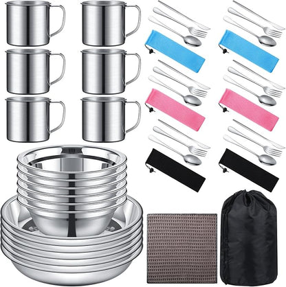 Lallisa Outdoor Camping Cookware Mess Kit Polished Stainless Steel Dishes Camping Utensils Portable Tableware with Plates Cups Spoons Forks Knives Mesh Bag for Backpacking Hiking