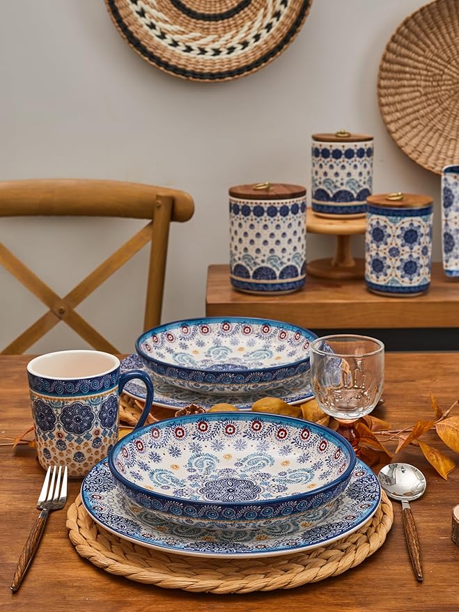 Bico Blue Talavera Pasta Bowls, 35oz Salad Bowl Set of 4, Large Ceramic Serving Dinner Bowls for Soup and Cereal, Microwave and Dishwasher Safe, Gift for Housewarming and Thanksgiving