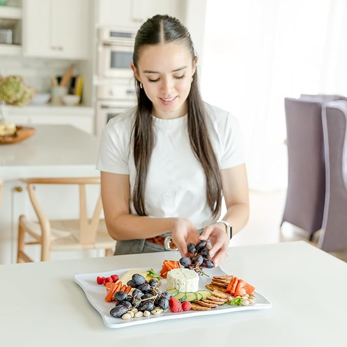 Large Melamine Tray 15" x 11" - Rectangular White Serving Tray and Platter for Food, Appetizers, Cookies, Grill or Party Snacks - Dishwasher Safe - Set of 2