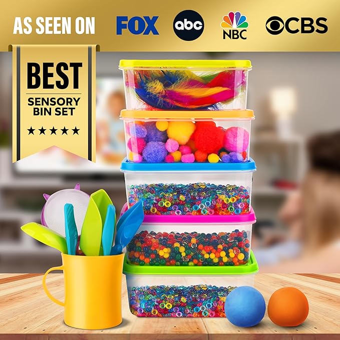 Sensory Kit for Toddlers and Kids - Includes 6 Bins with Lids, Play Tools, Sand, Feathers, Clay, Color Beads and Pom Poms Kids Box Fillers (4 Pack)