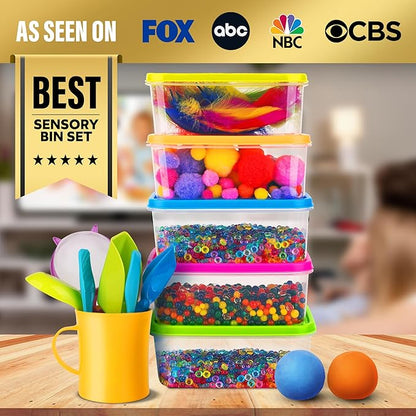Sensory Kit for Toddlers and Kids - Includes 6 Bins with Lids, Play Tools, Sand, Feathers, Clay, Color Beads and Pom Poms Kids Box Fillers (4 Pack)