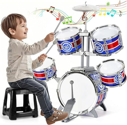 Kids Drum Set, Drum Set for Toddlers with Stool Upgraded Plastic Rock Jazz Drum Kit Musical Instruments Toys Gifts for 1 3 5 7 9 12 Years Boys Girls