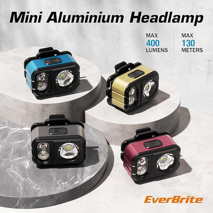 EverBrite Rechargeable LED Headlamp, Only 1.59 OZ Ultra-Light with Hat Clip, IP67 Waterproof, White/Red/Green Light, 7 Modes for Camping, Running and Backpacking-Blue