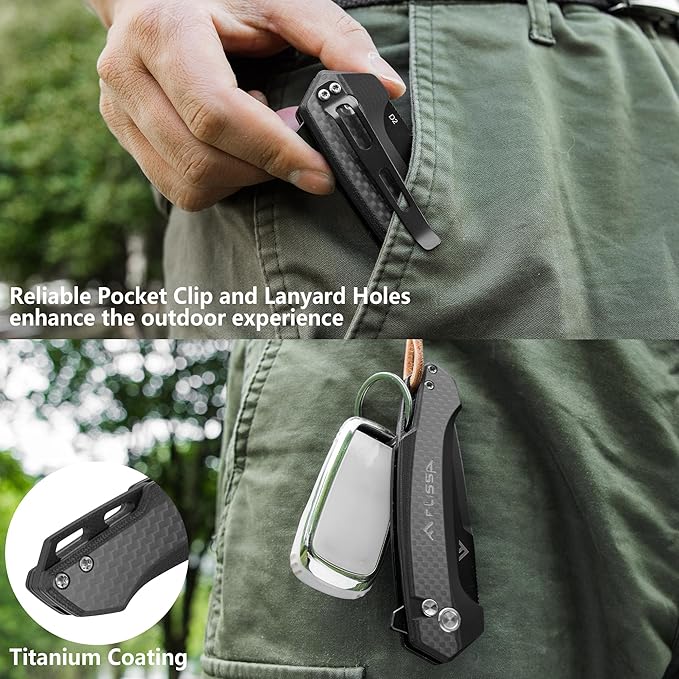 FLISSA Pocket Folding Knife, 3.2??D2 Blade Carbon Fiber Handle EDC Knife with Pocket Clip for Hiking, Camping, Outdoor Activities