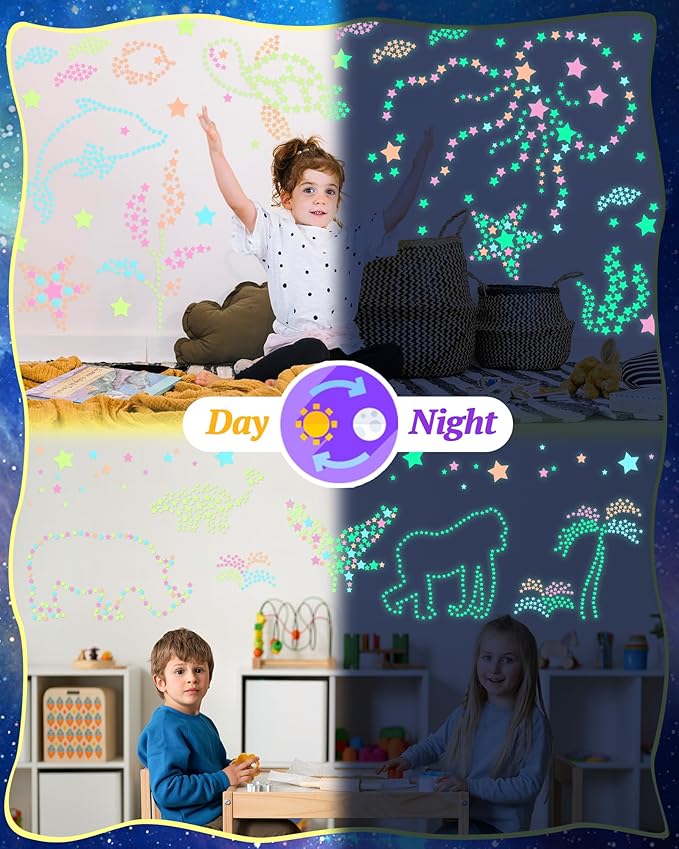 201 Pcs Glow in The Dark Stars Stickers for Ceiling, Toddler Stocking Stuffers Wall Room Decor Gifts, Luminous 3D Glowing Stars Easter Basket Stuffers for Kids Boys Girls - Multi