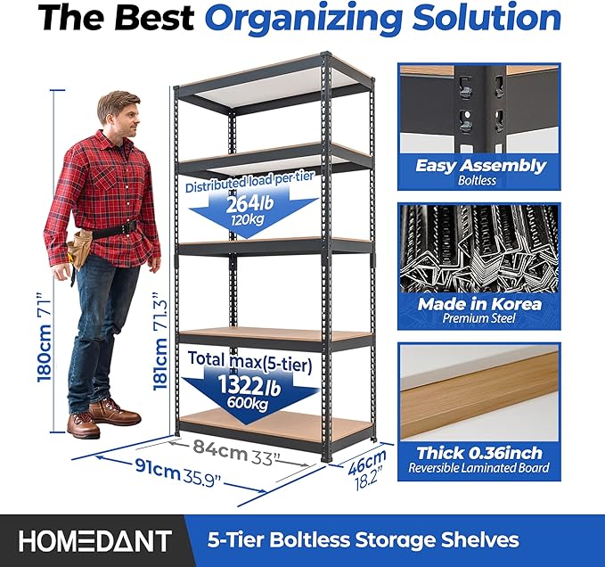 HOMEDANT 5 Tier Laminated Boltless Metal Shelving Unit Adjustable Garage Storage Utility Rack Heavy Duty Shelves Organization Multipurpose Shelf Warehouse Pantry Shed 35.9" W x 18.2" D x 71.3" H 1Pack