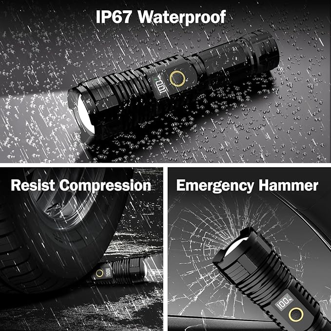 Flashlights High Lumens Rechargeable, LED Super Bright Flash Light Long Beam, Zoomable Linternas with LCD Digital Display, 5 Mode, Waterproof, Powerful Tactical Flashlight for Emergencies Camping Gift