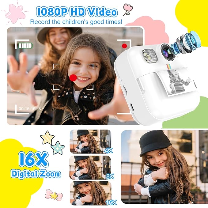 Instant Print Camera for Kids, 3-12 Year Old Girls Boys Gifts, 1080P Video Children Digital Camera with 32GB Card, Kids Christmas Birthday Gifts Toddler Photo Camera Toys for Age 3 4 5 6 7 8 9 White