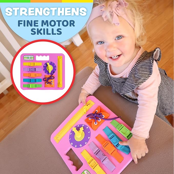 Buckle Toys Busy Board - Montessori Learning Toy for Toddlers - Foam Sensory Board - Develop Fine Motor Skills - Pink