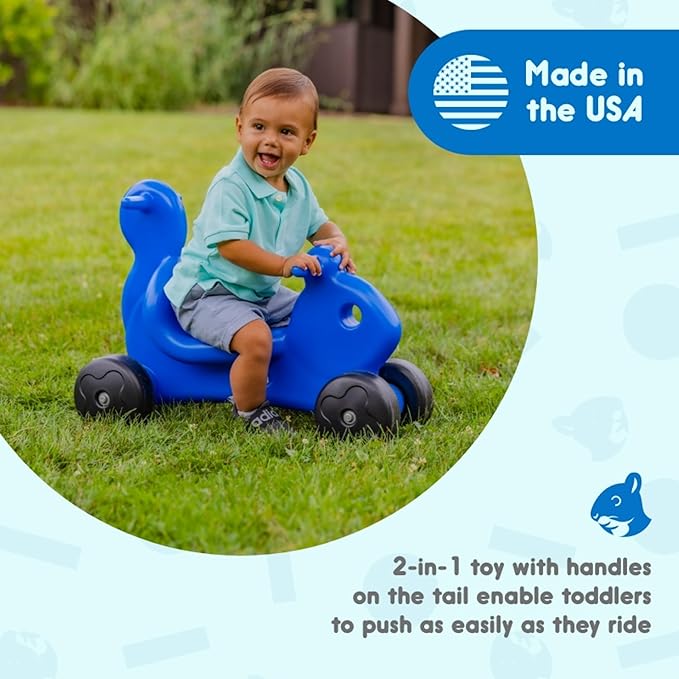Careplay 2-in-1 Squirrel Push & Ride-on Toy, Indoor & Outdoor Use, Low Profile Seat, Recommended for Children up to 50lbs, Durable Construction, Made in The USA, Blue