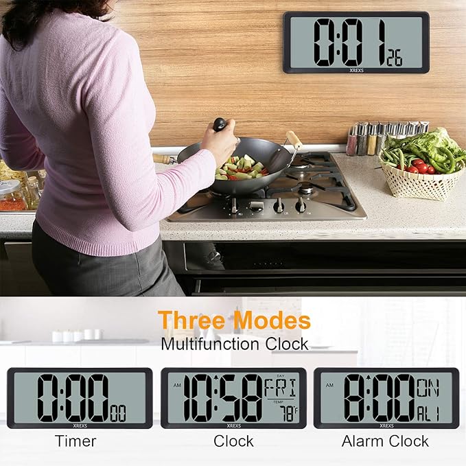 XREXS Large Digital Wall Clock, Battery Operated Alarm Clocks