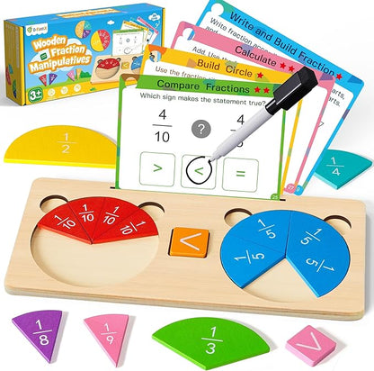 D-FantiX Wooden Fraction Educational Puzzle, Wood Fraction Tiles & Fraction Circles Set, Math Manipulatives for Elementary School, Montessori Fraction Manipulatives Games Learning Toys for Kids