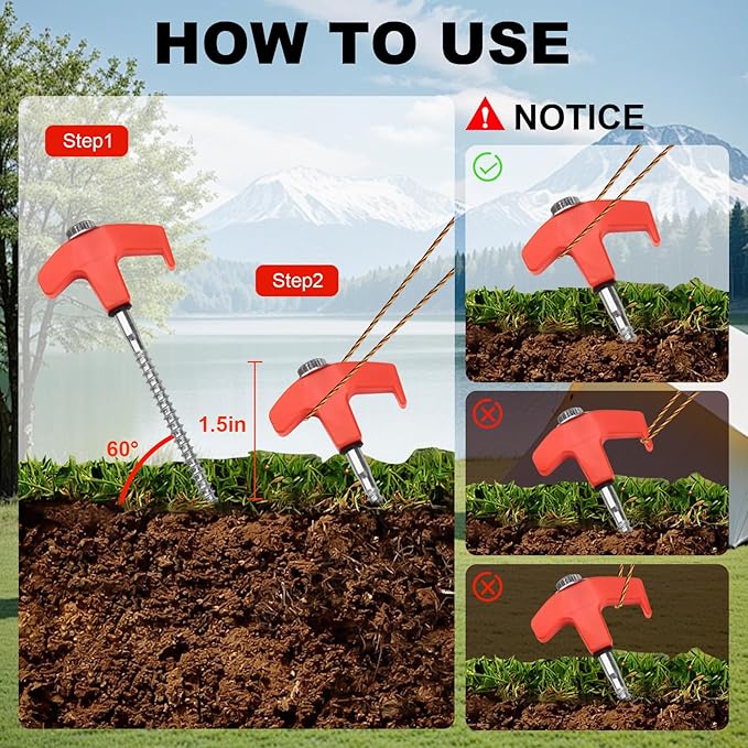 20 Pcs Tent Stakes Heavy Duty, 8 in Ground Anchors Screw in, Grow in the Dark Screw in Tent Stakes, Camping Stakes with Storage Box, Threaded Tent Spikes with Hex Head Driver and Stake Puller