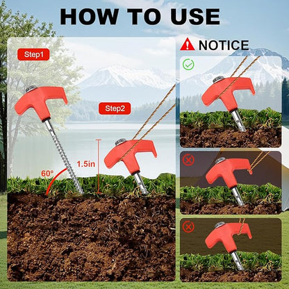 20 Pcs Tent Stakes Heavy Duty, 8 in Ground Anchors Screw in, Grow in the Dark Screw in Tent Stakes, Camping Stakes with Storage Box, Threaded Tent Spikes with Hex Head Driver and Stake Puller