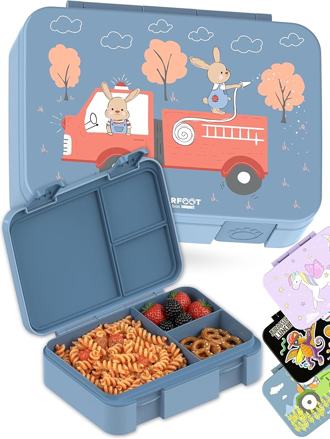 Kids Lunch Box with Compartments – Compact & Lightweight | Leak-Proof, BPA-Free, Dishwasher & Microwave Safe | Hand-Drawn Design for Preschool, School, Travel (Firetruck Bunnies Blue, 4 Cups)