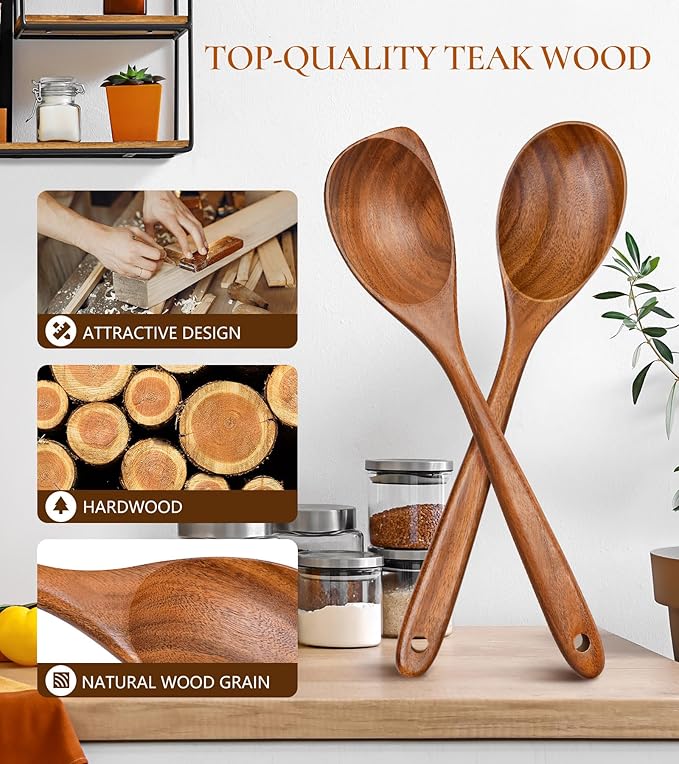 2Pcs Wooden Spoons for Cooking, Natural Premium Teak Wood Spoon & Corner Spoon
