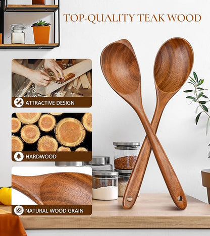 2Pcs Wooden Spoons for Cooking, Natural Premium Teak Wood Spoon & Corner Spoon