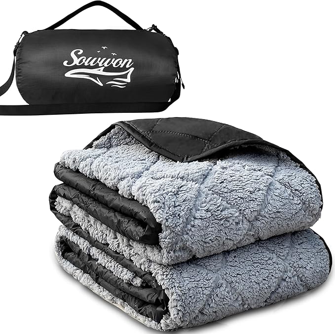 Waterproof Outdoor Blanket 82”X 55” Packable, Stadium Blankets for Camping with Sherpa Fleece Lining, Large Windproof Emergency Throw for Garss Picnic Hiking Road Trip, Machine Washable, Black 300GSM
