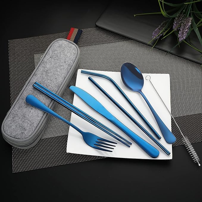 DEVICO Portable Utensils, Travel Camping Cutlery Set, 8-Piece including Knife Fork Spoon Chopsticks Cleaning Brush Straws Portable Case, Stainless Steel Flatware set (Blue)