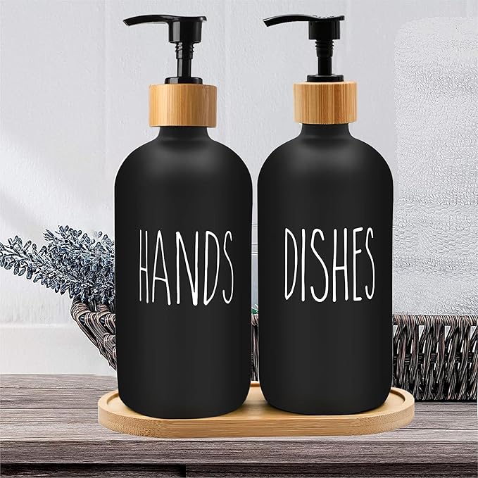 Sunrise Premium 16 OZ Thick Black Glass Soap Dispenser, Bamboo Pump