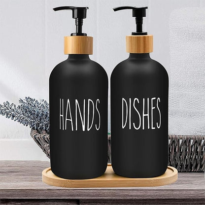 Sunrise Premium 16 OZ Thick Black Glass Soap Dispenser, Bamboo Pump