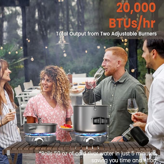 20,000 BTUs 2 Burner Propane Camping Stove, Portable Folding Camp Stove with Adjustable Burners, Built-in Ignition and Carrying Bag, Dual Gas Stoves for Tailgating, Camping, BBQ Overland Grey