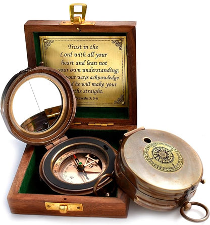 Trust in The Lord With All Your Heart - Proverbs 3:5-6 Quote Engraved Compass With Wooden Box, Greeting Card, Gift Compass, Graduation Day Gifts 2024 for Women Men Boys Girls