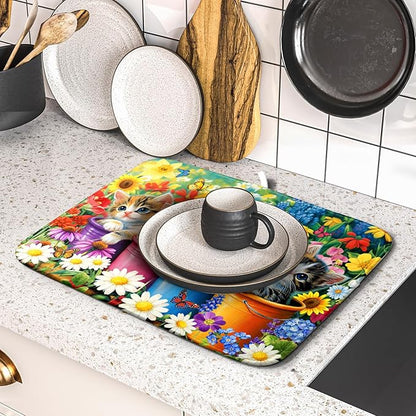 Funny Absorbent Dish Drying Mat Spring Cat Dish Drying Mats