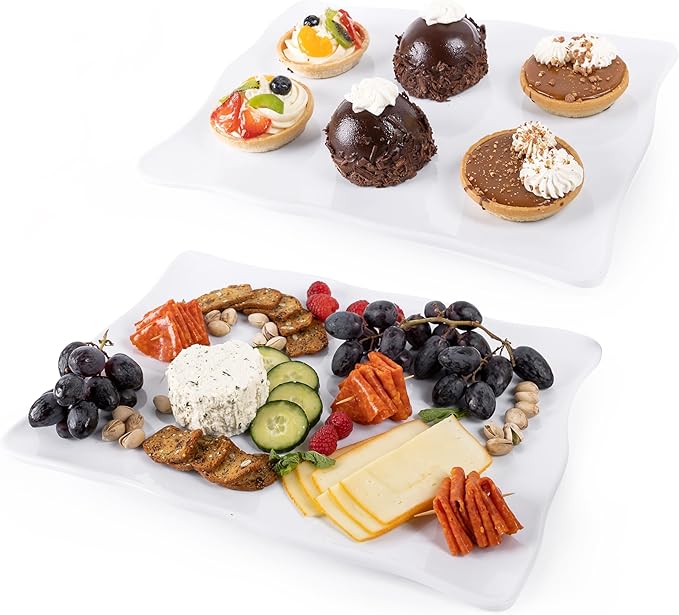 Large Melamine Tray 15" x 11" - Rectangular White Serving Tray and Platter for Food, Appetizers, Cookies, Grill or Party Snacks - Dishwasher Safe - Set of 2
