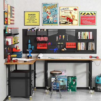 60"x24" Adjustable Workbench with Wheels, Solid Wood Top Work Bench, 2000 LBS Heavy-Duty Worktable with Power Outlets, Portable Work Station for Repair Shop, Workshop, Office