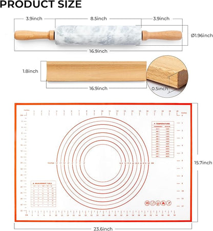Marble Rolling Pin with Non-Stick Silicone Mat & Wood Base, 16.9-Inch Heavy