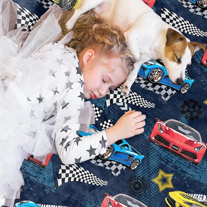 Car Blanket, Racing Car Flannel Blanket for Boys, Race Track Themed Room Decoration for Kids, Soft Cozy Gifts for Game Lover 50 * 60 Inches