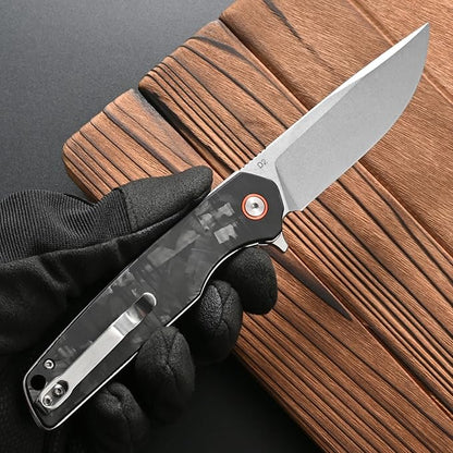FF19 Folding Pocket Knife，D2 Steel Blade Carbon Fiber Handle EDC Tool Knife for Outdoor Camping Hunting Fishing Working(Black)