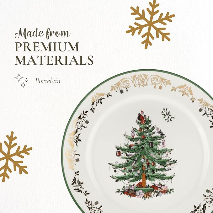 Spode Christmas Tree 12" Gold Round Serving Platter - Porcelain Serving Plate for Holiday Snacks, Appetizers, Buffet Displays - Microwave & Dishwasher Safe - Elegant Holiday Tableware