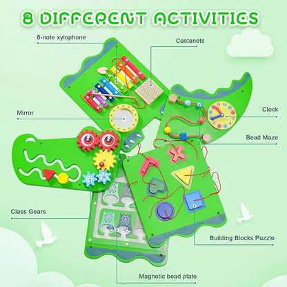 Crocodile Sensory Toys Activity Wall Panels - Montessori Busy Board, Toddler Learning Panel, Wall-Mounted Playroom/Daycare Educational Toys, Interactive Wooden Gift for Kids 3-6, Green